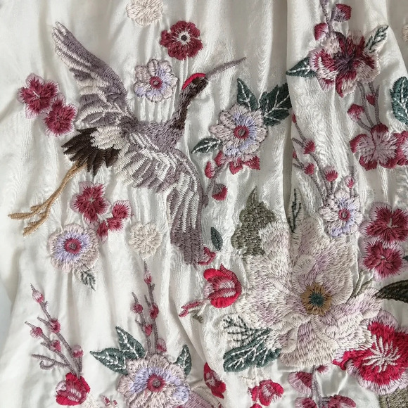 Johnny Was Hisako Embroidered Silk Button Blouse XS Plaid Japanese Floral Bird - Picture 12 of 17